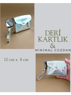 Hakiki Deri Minimal Avuçiçi Simli Gümüş Tasarım Kadın Cüzdan Kartlık Drc-25