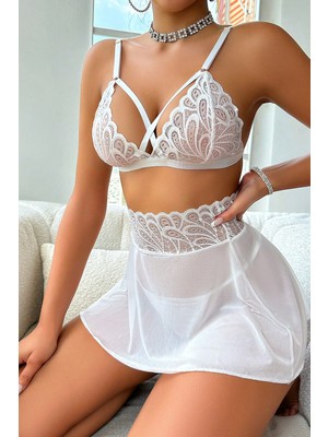 Pileli Store Kadın Beyaz Göğsü ve Beli Dantel Detaylı Etekli Takım