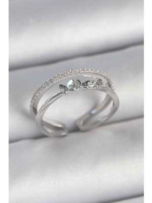 Pirinç Gümüş Renk 2'li Zirkon Taş Detaylı Kelebek Figür Ayarlanabilir Model Kadın Yüzük - Lisinya