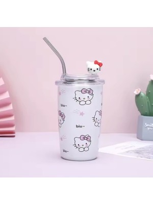 Hello Kitty Isı Muhafazalı Metal Pipetli Çelik Kupa Termos Pipetli Termos Kupa