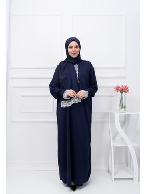 Defkay Lüks Dantel Işlemeli Boydan Namazlık - Tek Parça Hazır Başörtülü Tesettür Elbise