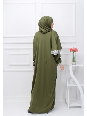 Defkay Lüks Dantel Işlemeli Boydan Namazlık - Tek Parça Hazır Başörtülü Tesettür Elbise