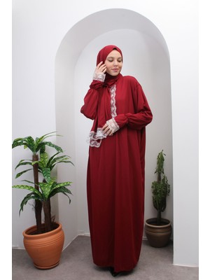 Defkay Lüks Dantel Işlemeli Boydan Namazlık - Tek Parça Hazır Başörtülü Tesettür Elbise