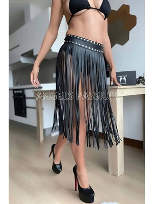 Pileli Store Ince Püsküllü Deri Fantazi Etek - 411