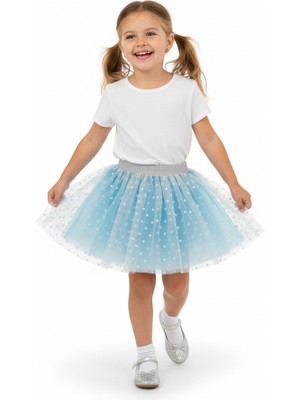 Dudese Kız Çocuk Gümüş Simli Bel Detaylı Mavi Puantiyeli Tütü Etek