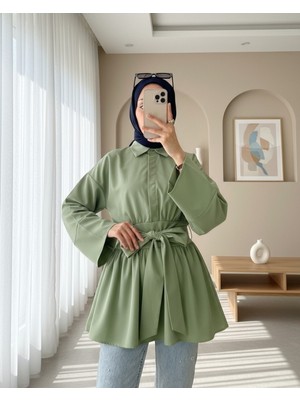 Modamorfo Yarım Düğmeli Beli Bağlamalı Yanı Fermuarlı Tunik   -Çağla Y.