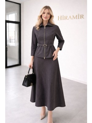 Hiramir Kadın Kot Takım Fermuarlı Kemer Detaylı Ceket ve Etek  YZZ2521
