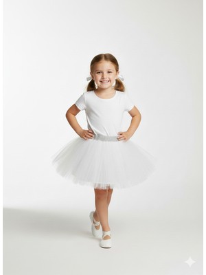 Dudese Kız Çocuk Gümüş Simli Bel Detaylı Beyaz Kabarık Tütü Etek