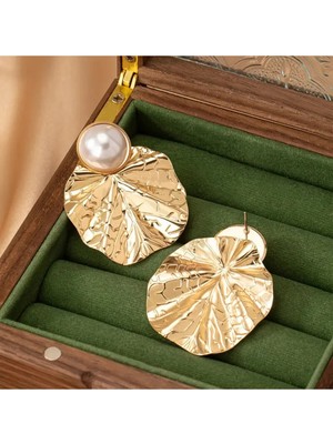 Eredka Inci Taşlı Gold Yaprak Küpe