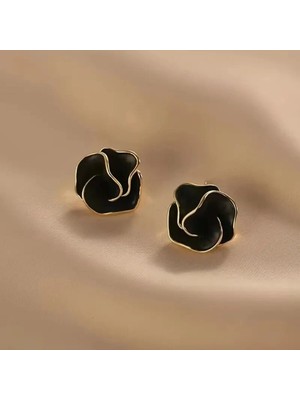 Eredka Kamelya Çiçeği Siyah-Gold Renk Küpe