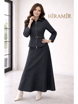 Hiramir Kadın Kot Takım Fermuarlı Kemer Detaylı Ceket ve Etek  YZZ2521