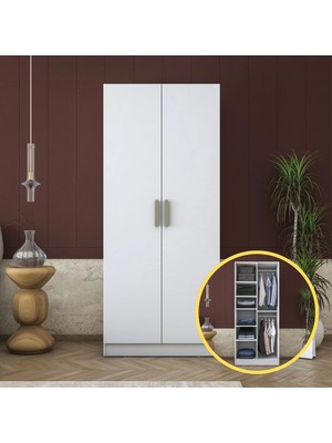 Rani BA171 Gardırop 2 Kapaklı 6 Raflı 2 Askılı Elbise Dolabı Beyaz