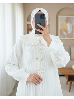 Modamorfo Önü Kurdele Detaylı Düğmeli Önlük Yaka Gömlek  -Beyaz