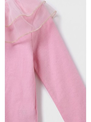 Magu Kız Çocuk Pamuklu Pembe Tül Volan Yaka Bluz - Gold Şerit Detaylı