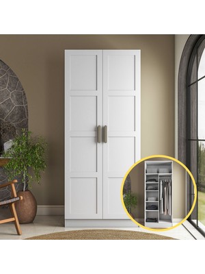 Rani BA224 Membran Kapaklı Gardırop 5 Raflı 2 Kapaklı Askılı Elbise Dolabı Beyaz