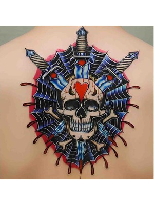 Bontexs Neo-Traditional Kurukafa ve Örümcek Ağı Tasarımlı Renkli Sırt Dövmesi 1 Ay Kalıcı