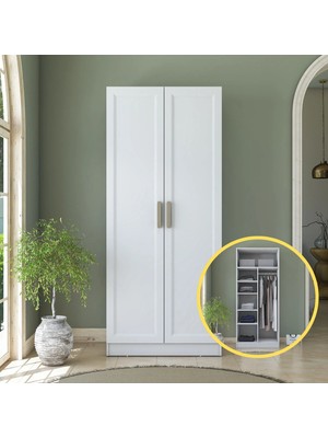 Rani BA223 Membran Kapaklı Gardırop 2 Kapaklı 5 Raflı Askılı Elbise Dolabı Beyaz