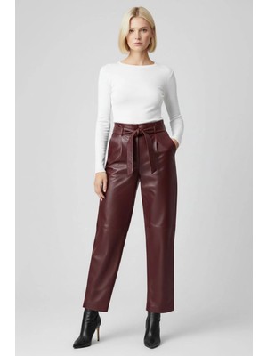 Deriderim Bordo Kadın Havuç Kesim Deri Pantolon