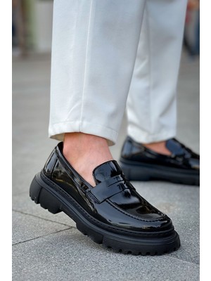 Roof Atelier Erkek Siyah Rugan Kalın Taban Loafer Ayakkabı - 2417 - Rst