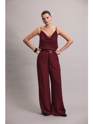 Sateen Kemerli Salaş Pantolon - Mürdüm