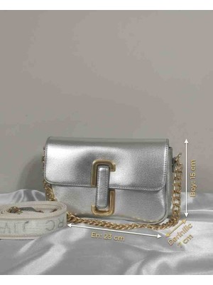 Hayal Çanta Metalik Gümüş Zincirli El ve Çapraz Askılı Omuz Çantası