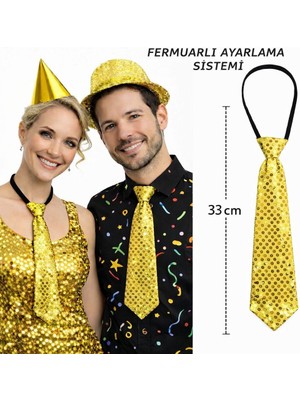 Evvano Altın Renk Pul Payetli Işıltılı Parti Kravatı 33 cm