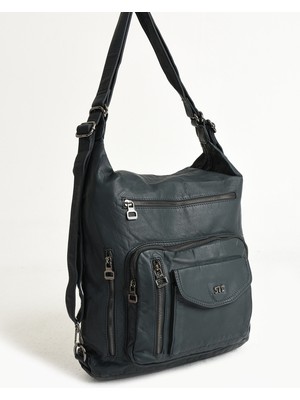 571 Collections Çanta Yıkanmış Deri Hem Sırt Hem Omuz Çantası  Siyah (Model: 571-9-10A)