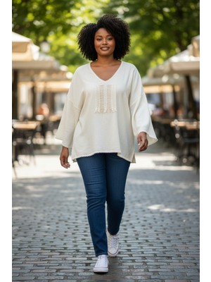 Tosbik Otantik Tosbikotantik Kişiye Özel Tasarım El Işlemeli Otantik V Yakalı Ekru Şile Bezi Bluz