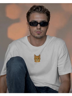 Muhtar Store Erkek Sarman Kedi Baskılı Oversize Tişört – Minimal Turuncu Kedi Tasarım