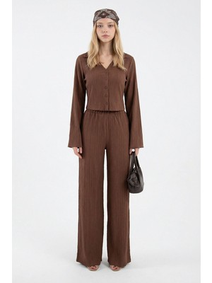 Bacc Acı Kahve Geniş Kol Düğme Detaylı Yakalı Bluz ve Palazzo Pantolon Alt Üst Takım BCHN-2626136