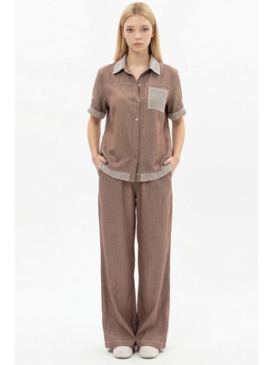 Bacc Kahverengi File Detaylı Tensel Kot Kumaş Gömlek ve Pantolon Alt Üst Takım BCHN-2626109