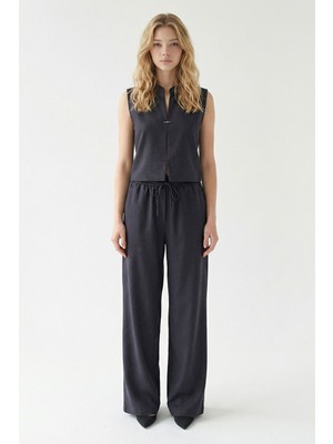 Bacc Siyah Hakim Yaka Bluz ve Beli Lastikli Dokuma Pantolon Alt Üst Takım BCHN-2626821