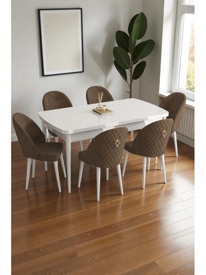 Baresmu Mura Beyaz 80X132 Açılabilir Mdf Masa Yemek Odası Takımı, Mutfak Takımı 6 Adet Sandalye