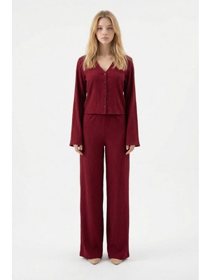 Bacc Bordo Geniş Kol Düğme Detaylı Yakalı Bluz ve Palazzo Pantolon Alt Üst Takım BCHN-2626136
