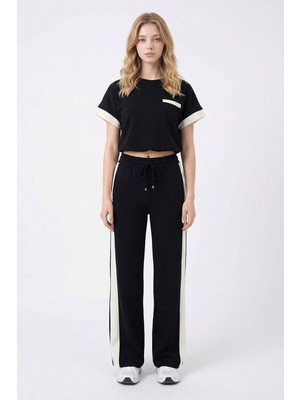 Bacc Siyah Renk Bloklu Beli Lastikli Yumuşak Dokulu Kumaş Alt Üst Takım BCHN-2626133