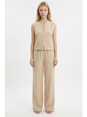 Bacc Bej Hakim Yaka Bluz ve Beli Lastikli Dokuma Pantolon Alt Üst Takım BCHN-2626821