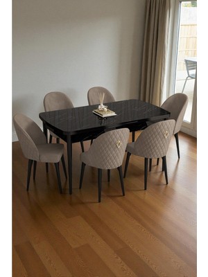 Baresmu Mura Siyah Mermer 80X132 Açılabilir Mdf Masa Yemek Odası Takımı, Mutfak Takımı 6 Adet Sandalye