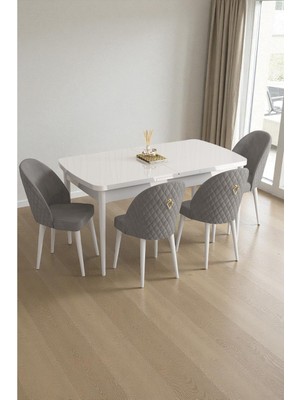 Baresmu Mura Beyaz 80X132 Açılabilir Mdf Masa Yemek Odası Takımı, Mutfak Takımı 4 Adet Sandalye