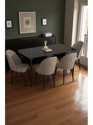 Baresmu Mura Siyah Mermer 80X132 Açılabilir Mdf Masa Yemek Odası Takımı, Mutfak Takımı 4 Adet Sandalye