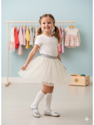 Dudese Kız Çocuk Gümüş Simli Bel Detaylı Beyaz Üstüne Puantiyeli Tütü Etek