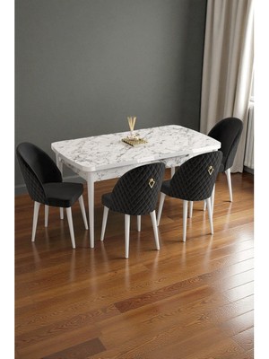 Baresmu Mura Beyaz Mermer 80X132 Açılabilir Mdf Masa Yemek Odası Takımı, Mutfak Takımı 4 Adet Sandalye