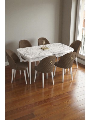 Baresmu Mura Beyaz Mermer 80X132 Açılabilir Mdf Masa Yemek Odası Takımı, Mutfak Takımı 6 Adet Sandalye