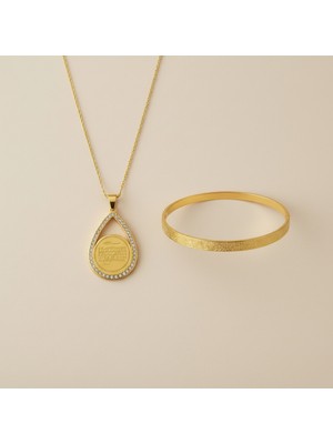 TrendyX Armut Model Kolye ve Ayetel Kürsi Bileklik Seti Gold Renk Çelik Islami Takı