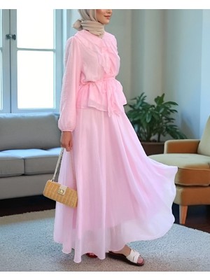 Modamorfo Kolları Lastikli Fırfırlı  Ip Detaylı Düğmeli Ikili Takım  -Pudra