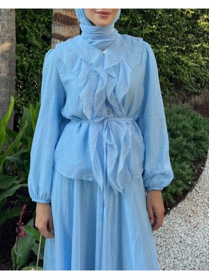 Moda Morfo Kolları Lastikli Fırfırlı  İp Detaylı Düğmeli İkili Takım  -Bebe Mavi