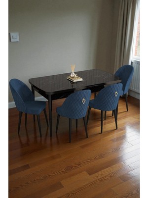 Baresmu Mura Siyah Mermer 80X132 Açılabilir Mdf Masa Yemek Odası Takımı, Mutfak Takımı 4 Adet Sandalye