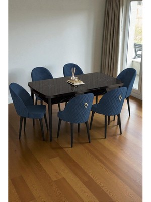 Baresmu Mura Siyah Mermer 80X132 Açılabilir Mdf Masa Yemek Odası Takımı, Mutfak Takımı 6 Adet Sandalye