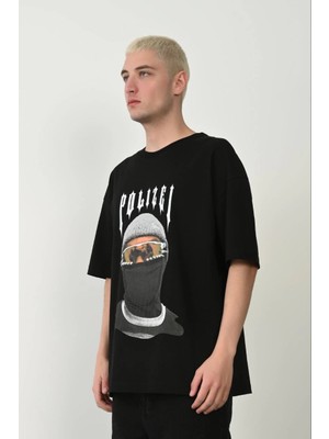 Tarz Yeri Erkek Baskılı T-Shirt Kısa Kol Bisiklet Yaka Rahat Kalıp Tişört - Siyah