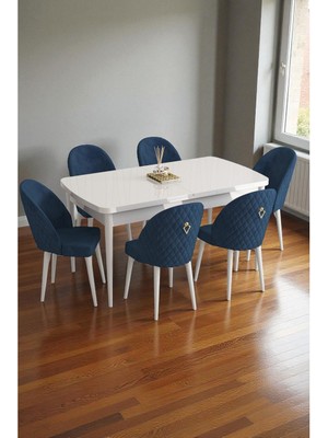 Baresmu Mura Beyaz 80X132 Açılabilir Mdf Masa Yemek Odası Takımı, Mutfak Takımı 6 Adet Sandalye