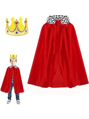 Marsilyan Çocuk Boy Kral Pelerini 90 cm ve Yumuşak Eva Kral Tacı Altın Renk (4887)